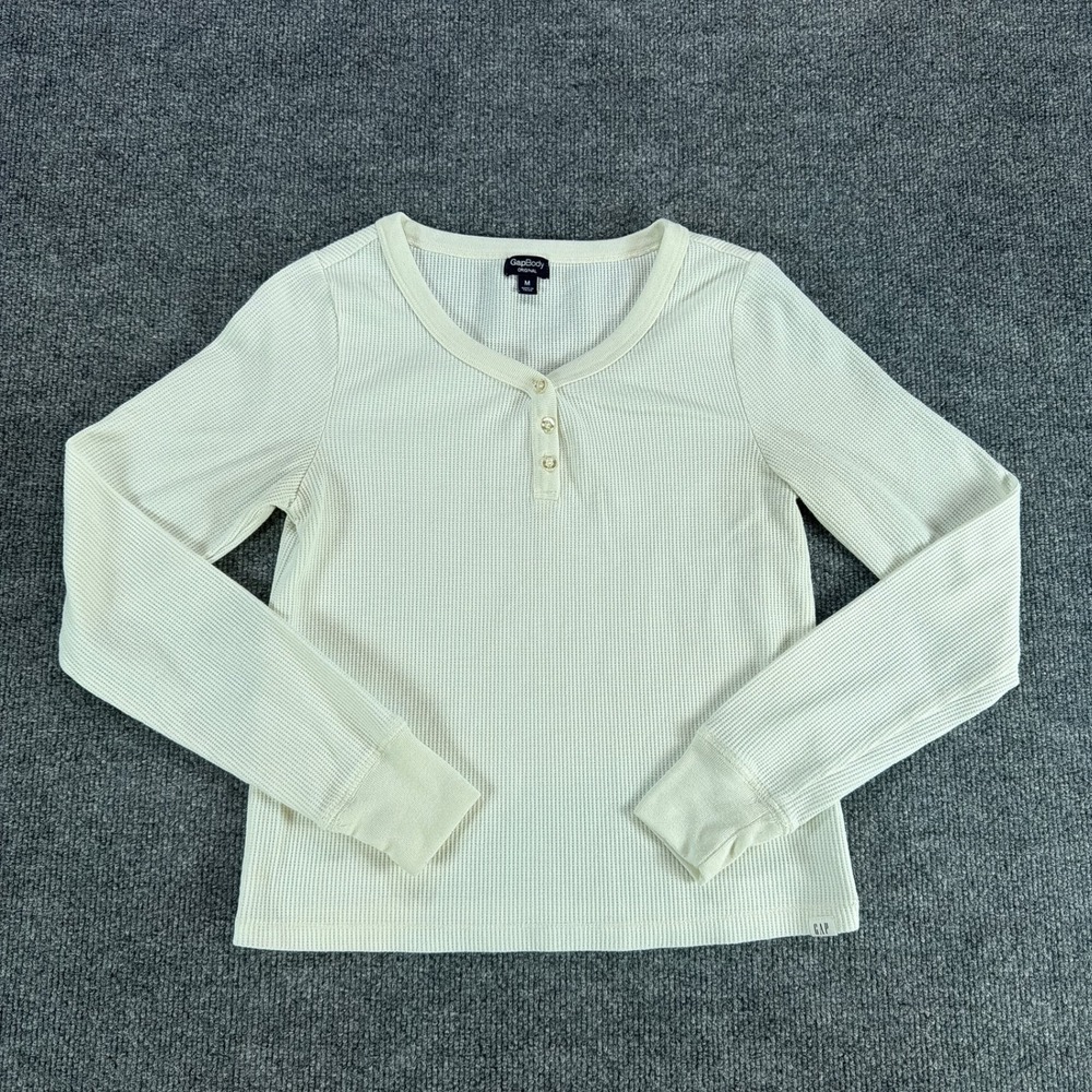 GapBody Womens Cream Waffle Knit Henley Long Sleeve Thermal Top Size M